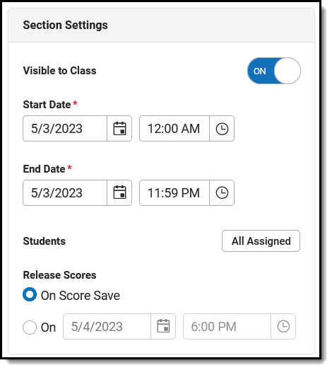 Screenshot of the Section Settings area of an assignment. 