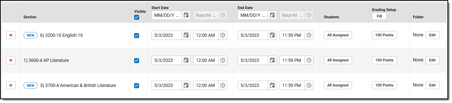 Screenshot of the grid of sections in the section selector, with assignment details editable.