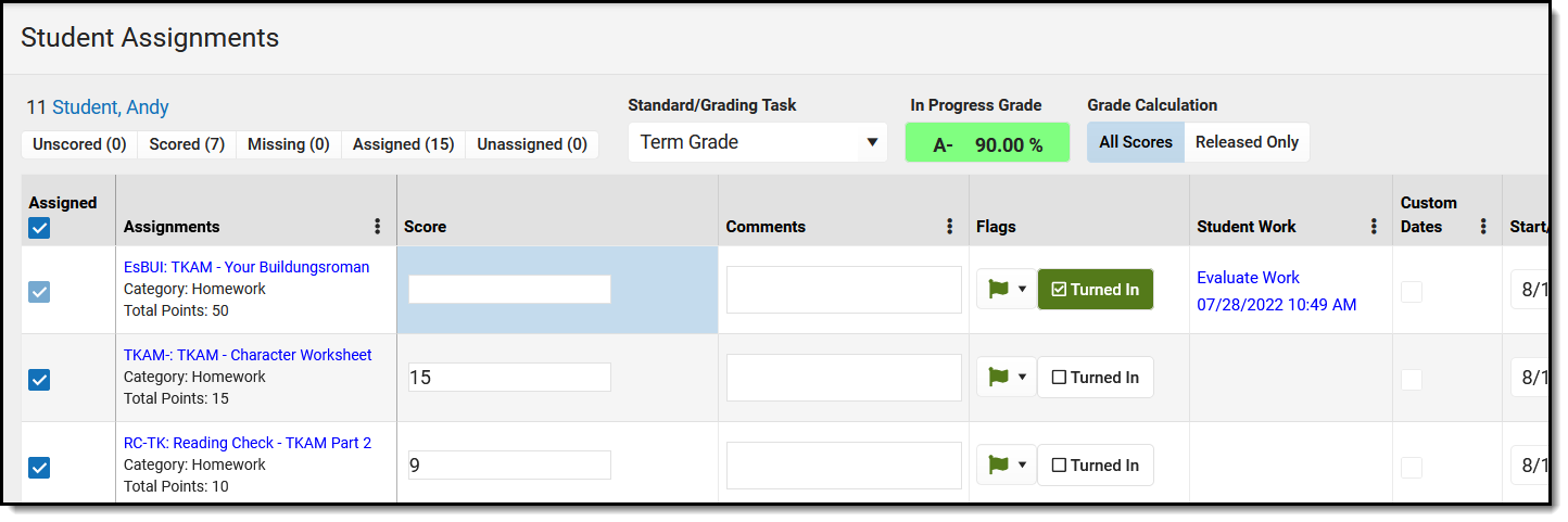 Screenshot of scoring assignments by alignment and student via a grid square in the Progress Monitor.