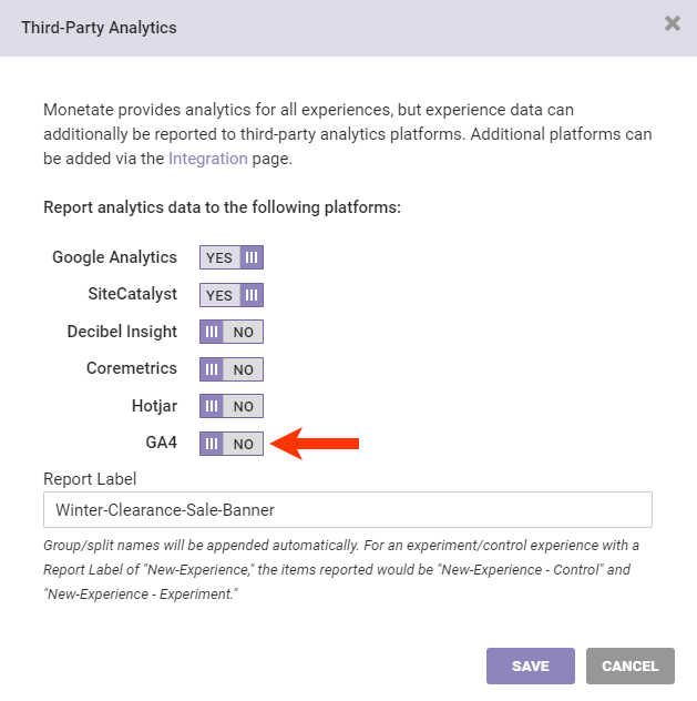 Callout of the Google Analytics toggle on the Third-Party Analytics modal