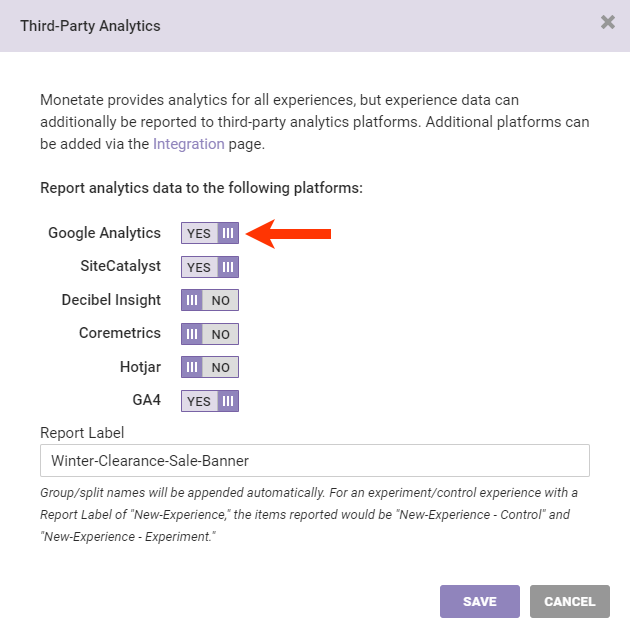 Callout of the legacy Google Analytics toggle on the Third-Party Analytics modal