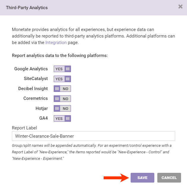 Callout of the SAVE button on the Third-Party Analytics modal