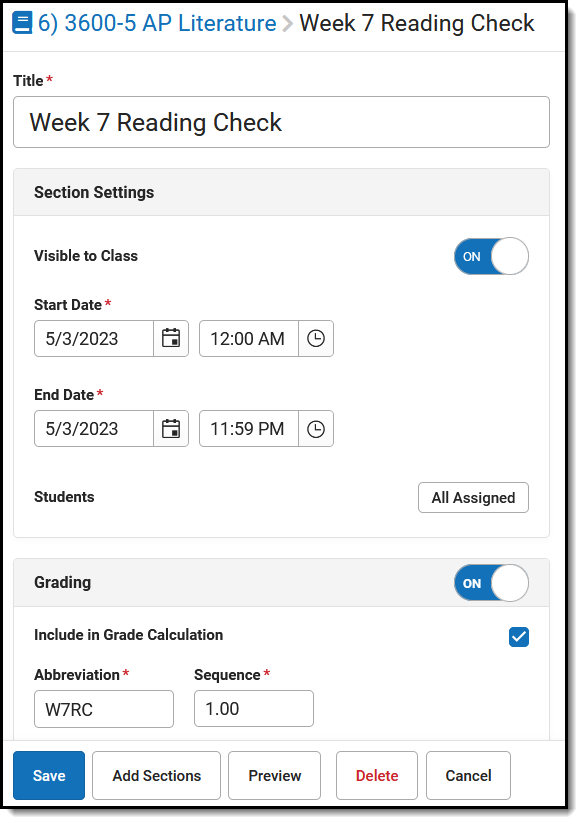 Screenshot of an assignment with Section Settings and Grading information.  