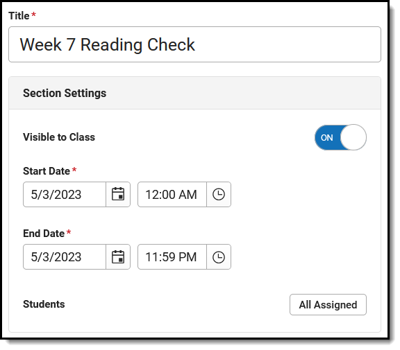 Screenshot of assignment Section Settings
