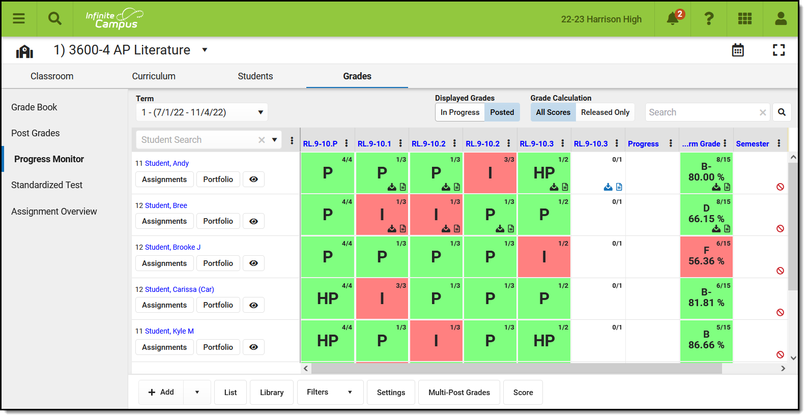 Screenshot of the Progress Monitor, with students listed along the left and the grid filled with Proficiency Estimates for the Standards indicated in the column headers. 