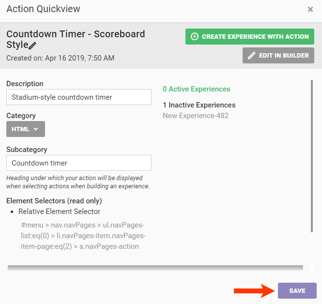 Callout of the SAVE button on the Action Quickview modal