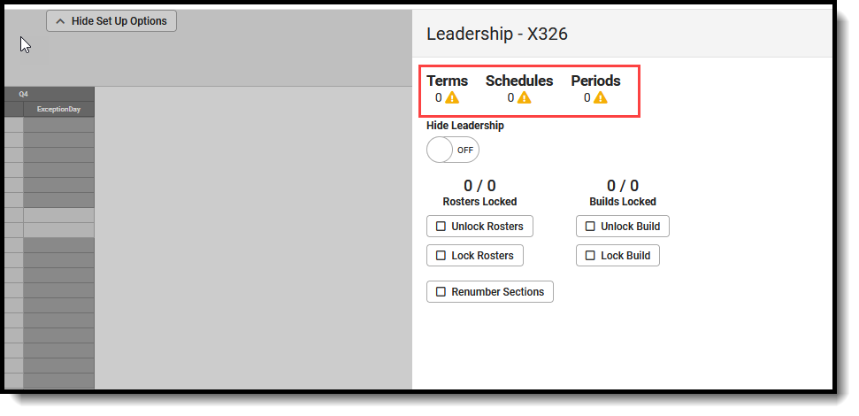 Screenshot of the missing course information display with warning triangles next to Terms Periods and Schedules