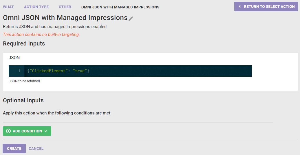 The 'Omni JSON Managed Impression' action template configured for an action that requires a site visitor to click a menu