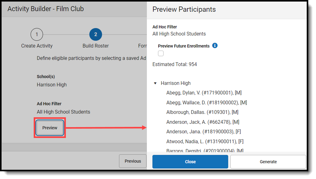 Screenshot of preview button and preview participants panel