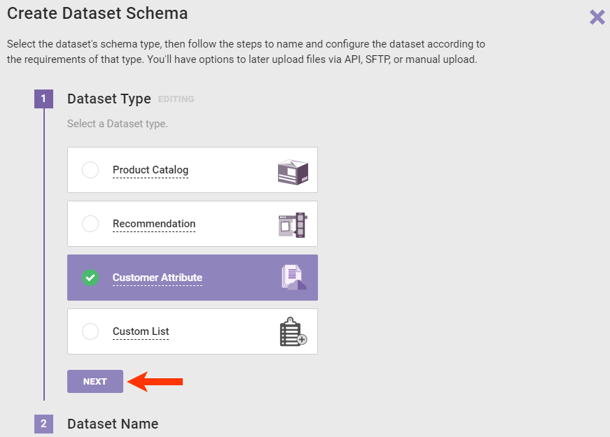 Step 1 of the Create Dataset Schema wizard, with 'Customer Attribute' selected and a callout of the NEXT button
