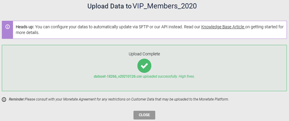 The 'Upload Complete' message on the 'Upload Data' screen