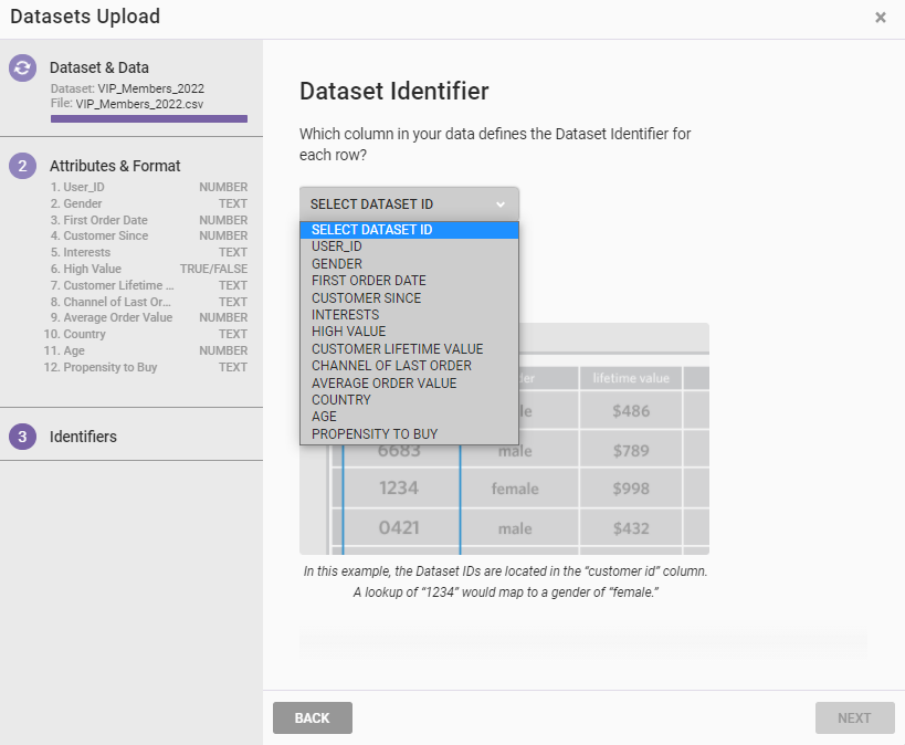 Step 3 of the Datasets Upload wizard, with in 'Dataset Identifier' selector expanded to view the attribute options