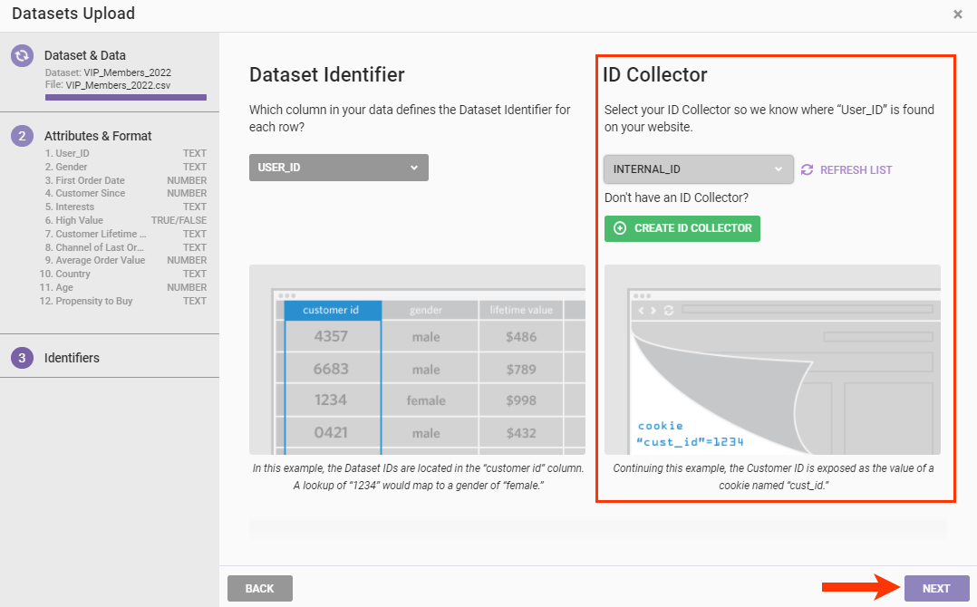 Step 3 of the Datasets Upload wizard, with a callout of the ID Collector selector and of the NEXT button