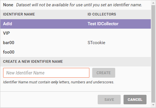 The 'Edit Identifier Name' modal of a Customer Attributes dataset's details page, with an existing Identifier Name selected