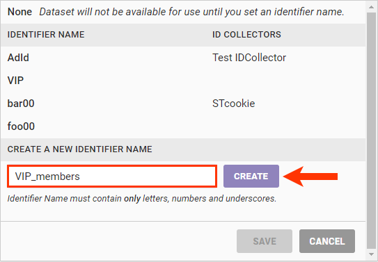 Callout of the CREATE A NEW IDENTIFIER NAME field and the CREATE button on the 'Edit Identifier Name' modal of a Customer Attributes dataset's details page
