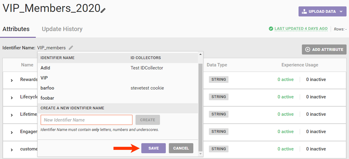 Callout of the SAVE button on the 'Edit Identifier Name' modal of a Customer Attributes dataset's details page