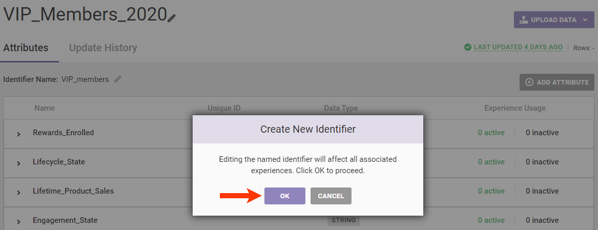 Callout of the OK button on the 'Create New Identifier' modal