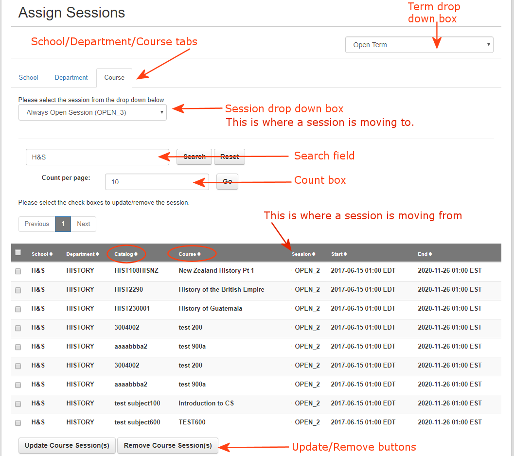 Assign sessions course tab