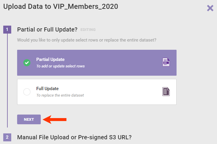 Step 1 of the Upload Data wizard, with 'Partial Update' selected and a callout of the NEXT button