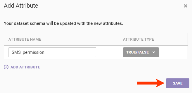 Callout of the SAVE button in the Add Attribute modal