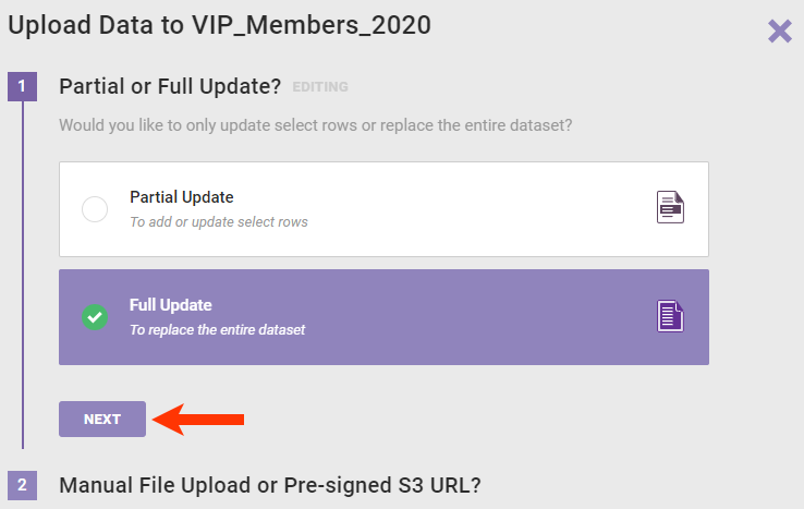 Step 1 of the Upload Data wizard, with 'Full Update' selected and a callout of the NEXT button
