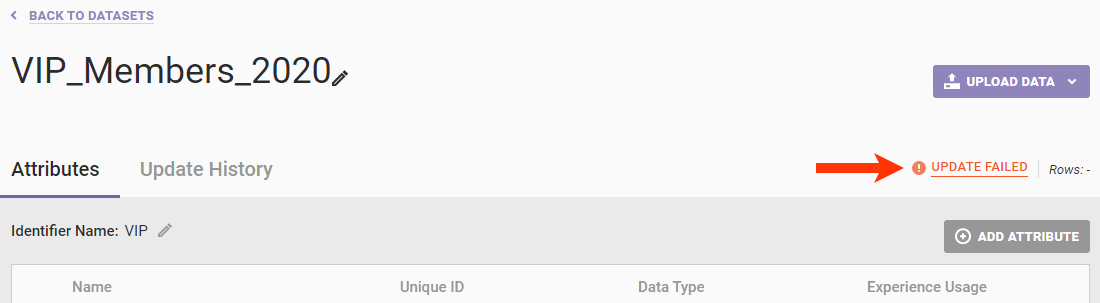 Callout of the 'UPDATE FAILED' message on a Customer Attributes dataset's details page