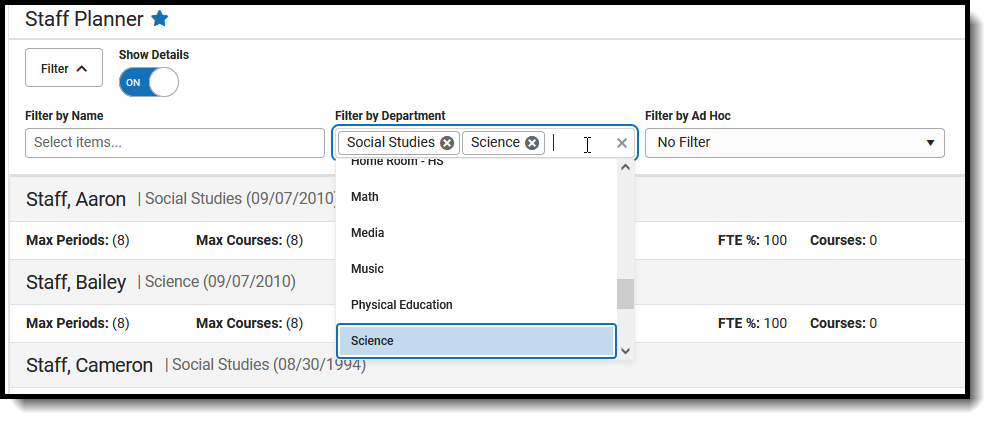 Screenshot of the filter options available in staff planner. 