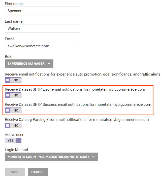 Callout of the 'Receive Dataset SFTP Error email notifications' setting and the 'Receive Dataset SFTP Success email notifications' setting for an individual Monetate user on the Users page of the platform settings