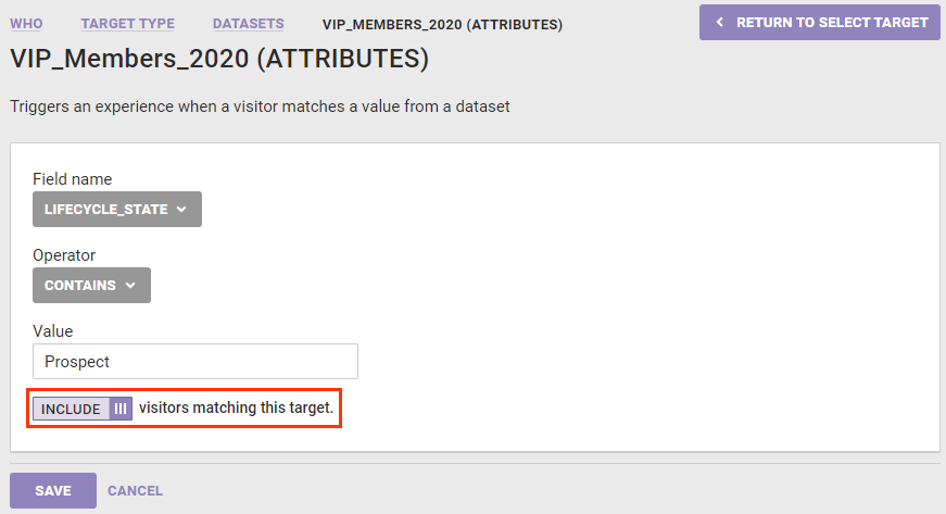 Callout of the 'INCLUDE visitors matching this target' setting
