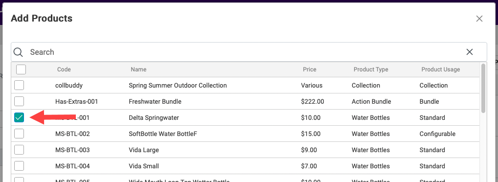 The product picker with an example item selected