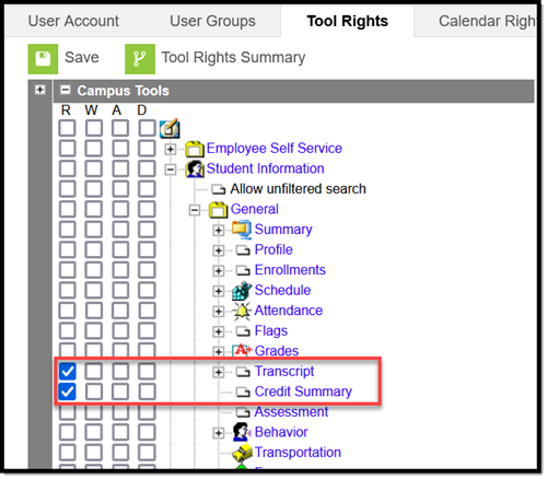 Screenshot of the Tool Rights tool with a callout around Read rights selected for Transcript and Credit Summary in Classic View.