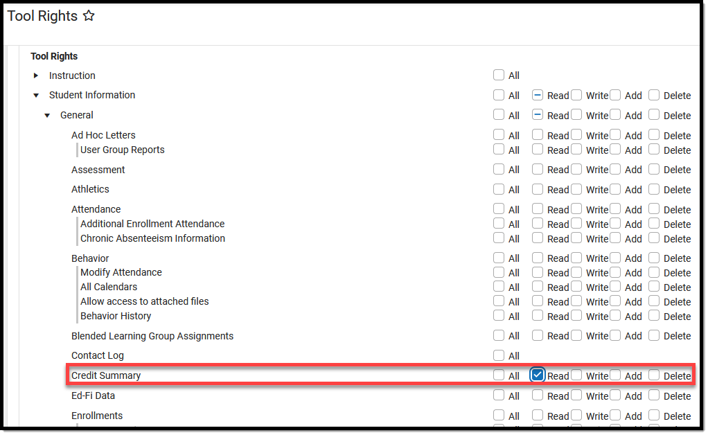 Screenshot of the Tool Rights tool with a callout around Read rights selected for Credit Summary in New Look view.