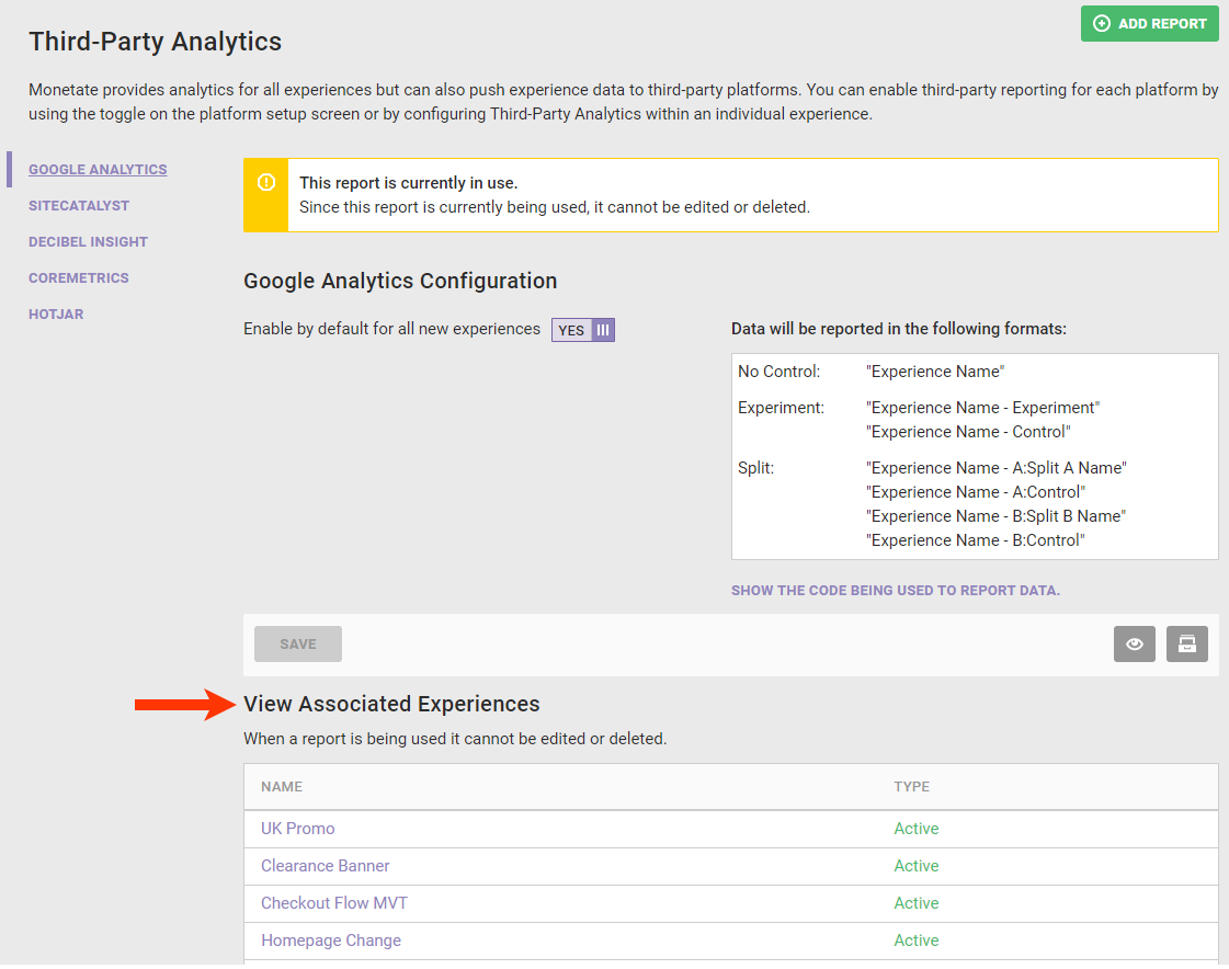 Callout of the 'View Associated Experiences' section of the Google Analytics integration configuration