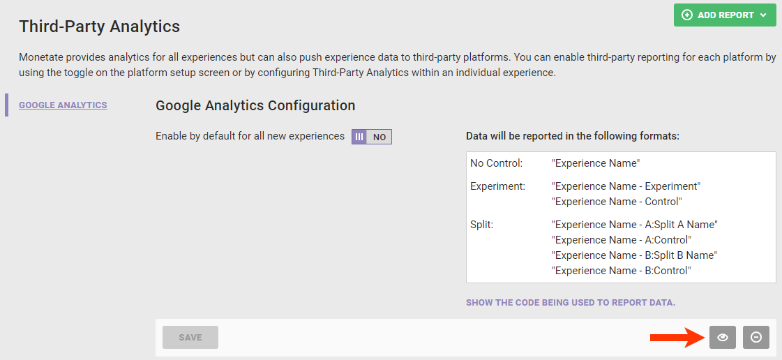 Callout of the preview icon for a Google Analytics report configuration