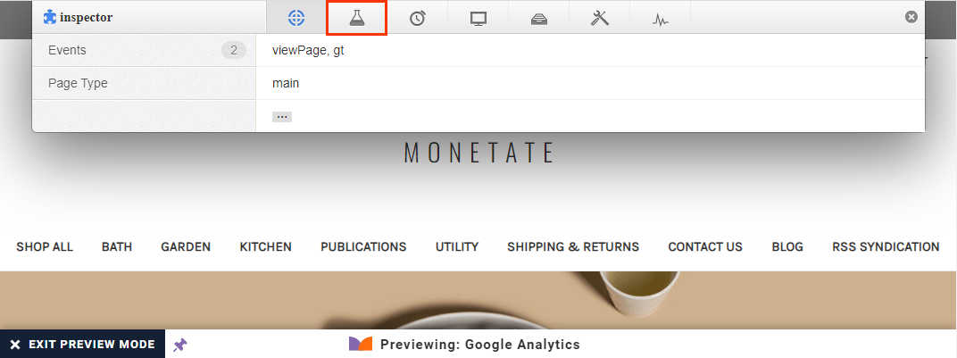 A retail site, with a message that states, 'PREVIEWING:  Google Analytics' below the active portion of the browser window. The Monetate Inspector tool appears at the top, with a callout of the chemistry beaker icon that represents the Components tab