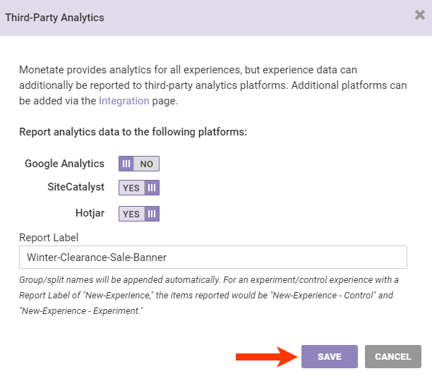 Callout of the SAVE button on the 'Third-Party Analytics' modal