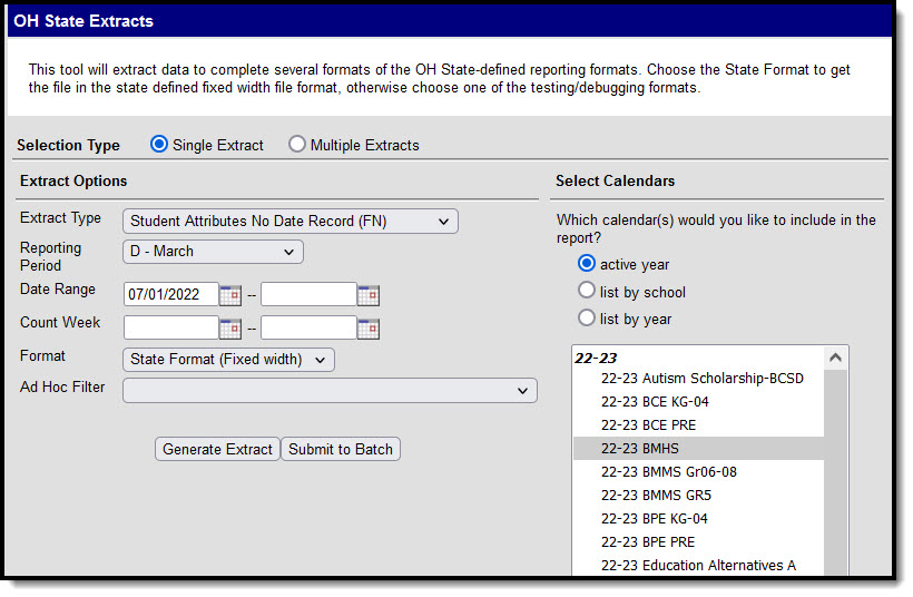 Screenshot of the Student Attributes extract editor.  