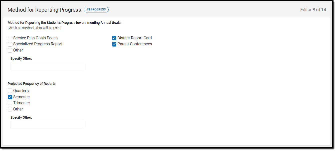 Screenshot of method for reporting progress editor.