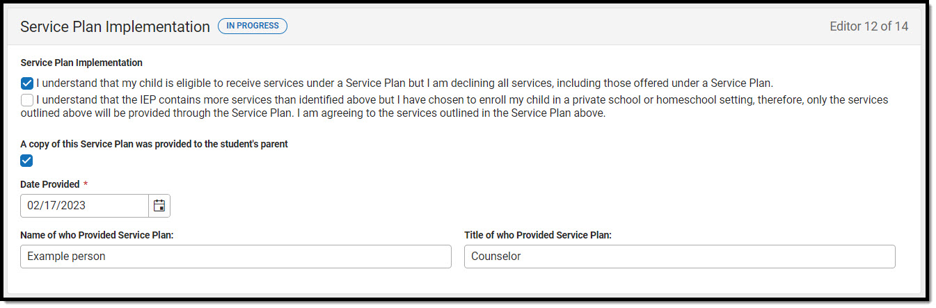 Screenshot of the Service plan implementation editor.