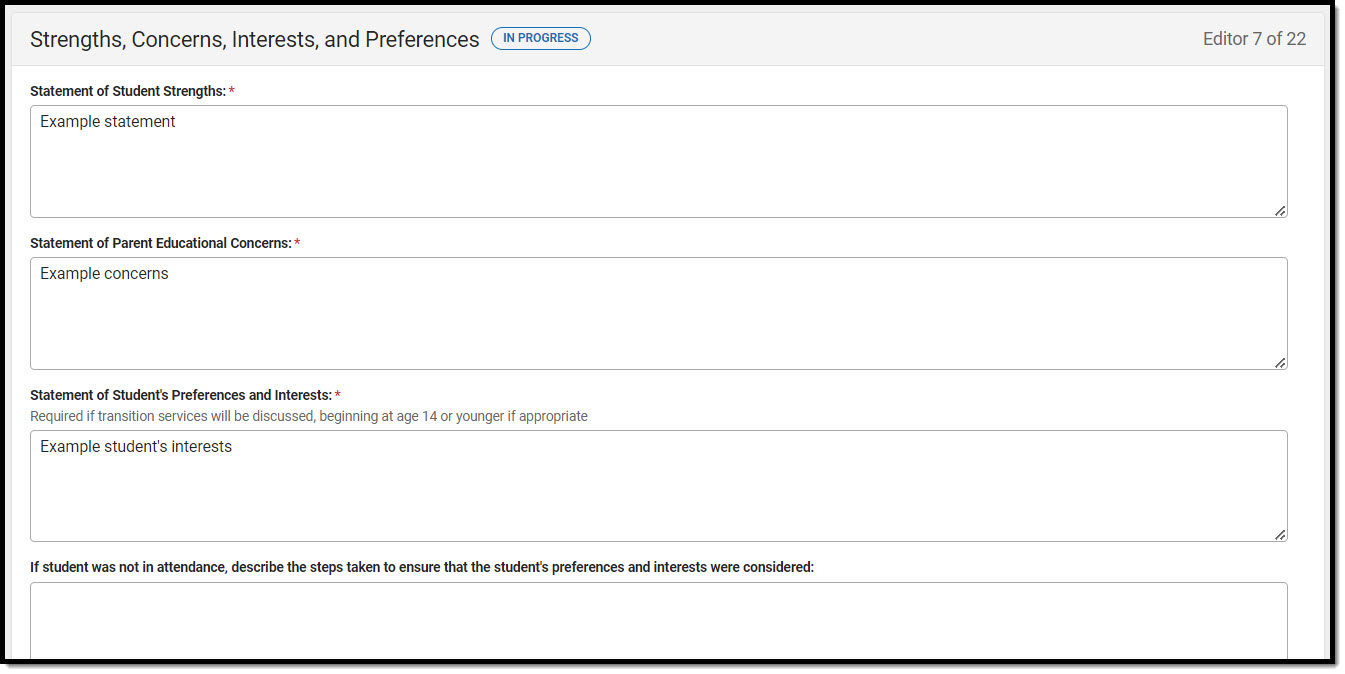 Screenshot of the Strengths, Concerns, Interests, and Preferences editor.