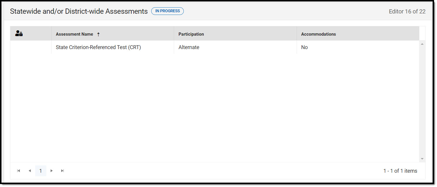 Screenshot of statewide and/or district-wide assessments list screen.