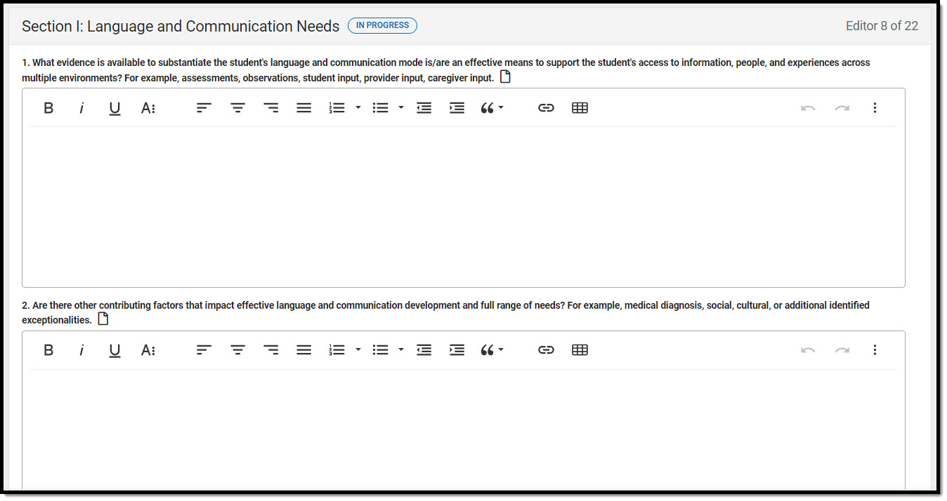 Screenshot of the section 1 language and communication needs editor.