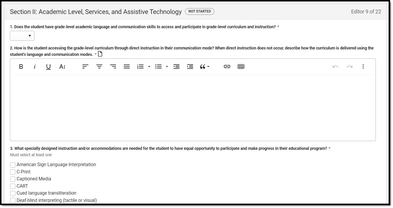 Screenshot of the section 2 academic level, services, and assistive technology editor.