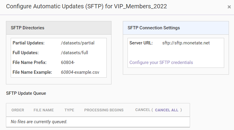 The 'Configure Automatic Updates (SFTP)' modal for a customer dataset