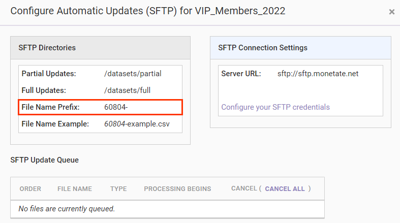 Callout of the dataset ID listed in the 'Configure Automatic Updates (SFTP)' modal
