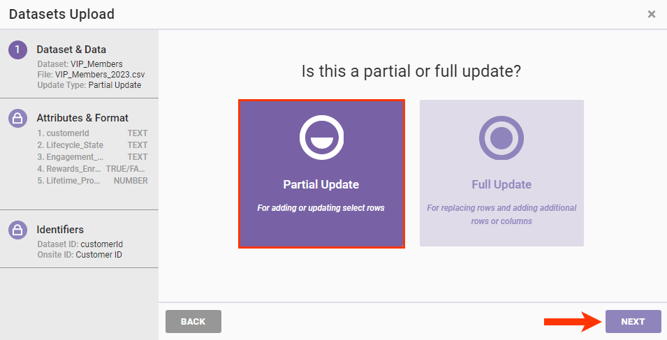 Step 2 of the Datasets Upload wizard, with 'Partial Update' selected and a callout of the NEXT button