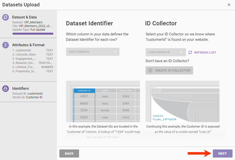 The Datasets Upload wizard, with the Dataset Identifier and ID Collector information and a callout of the NEXT button