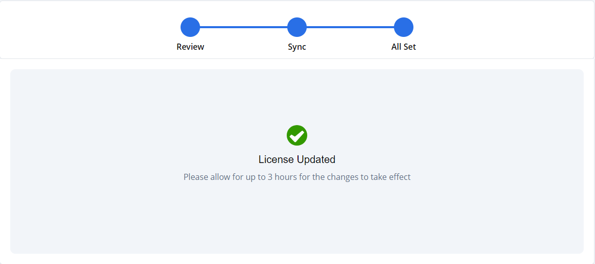 License Updated message screen when sync has completed