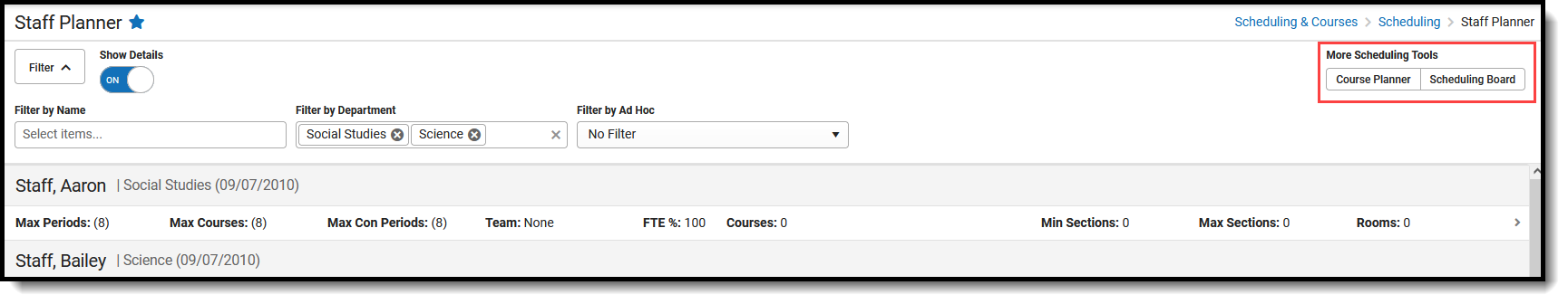 Screenshot showing how to access the Course Planner and the Scheduling Board when in the Staff Planner. 
