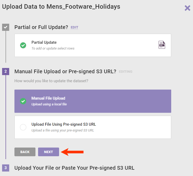 Step 2 of the 'Upload Data' wizard, with 'Manual File Upload' selected and a callout of the NEXT button